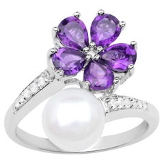 Amethyst and Pearl Bypass Flower Ring With White Zircons Amethyst and Pearl Bypass Flower Ring With White Zircons