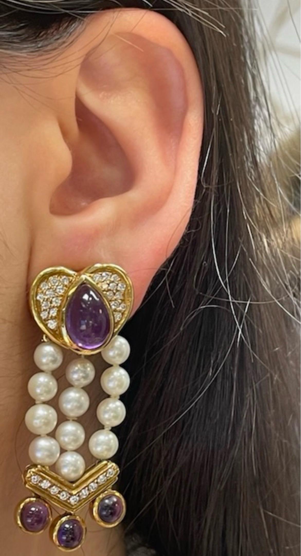 Amethyst and Pearl Heart Shaped Earrings 

Approximate Amethyst  Weight: 10.05 carats
Approximate Diamond Weight:  1.30 carats
Back type: Clip-on 
Metal type: 18-karat yellow gold