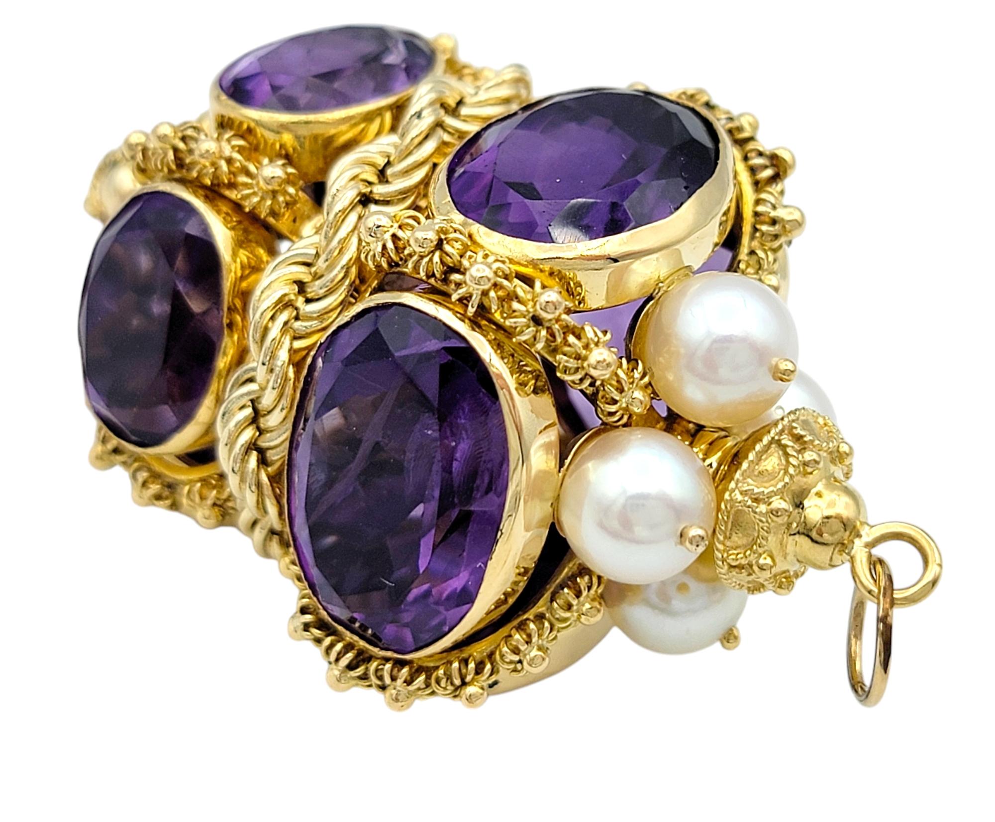 Taille ovale Pendentif en or jaune 18 carats avec motif de corde ornée d'améthyste et de perles en vente