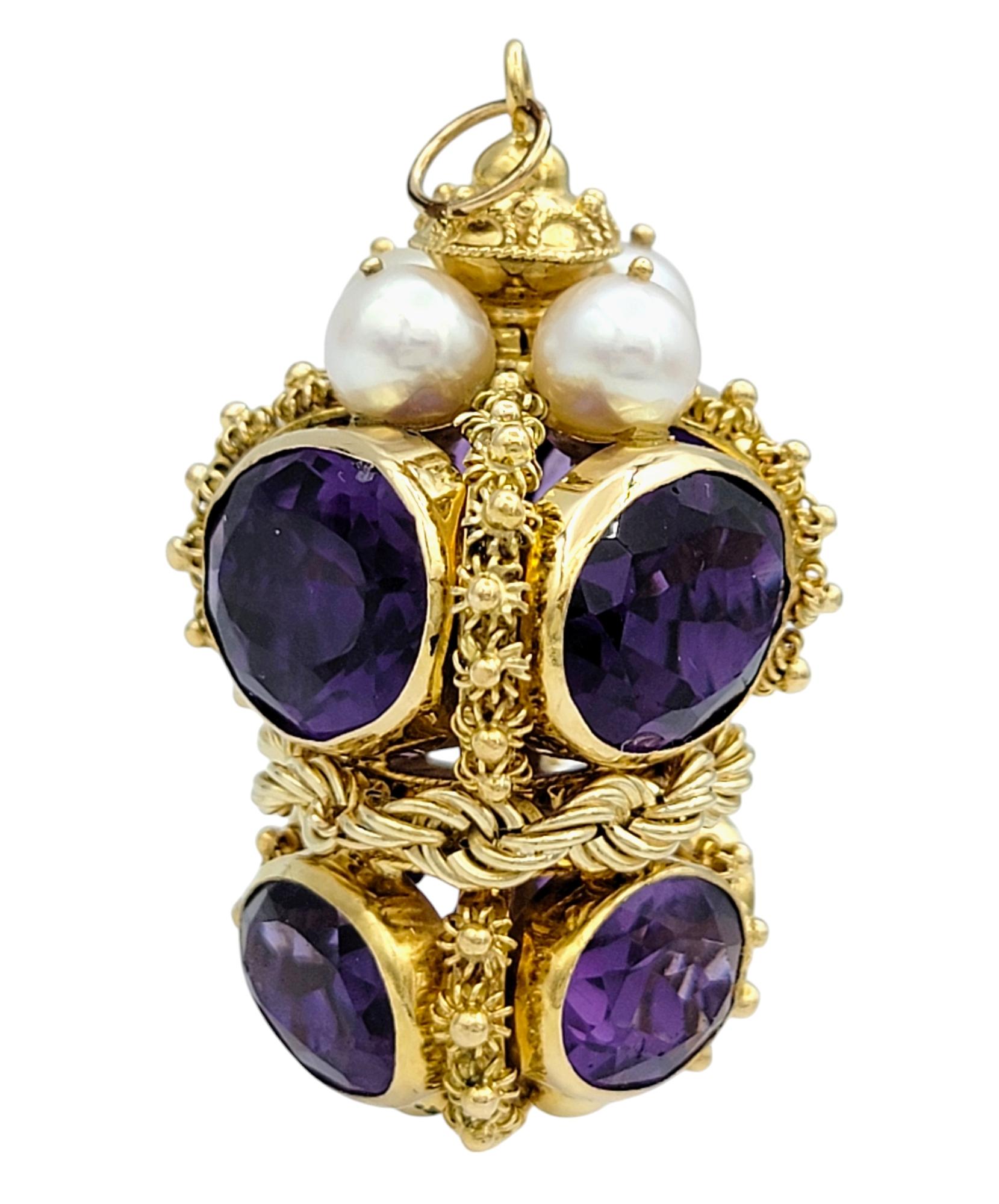 Pendentif en or jaune 18 carats avec motif de corde ornée d'améthyste et de perles Bon état - En vente à Scottsdale, AZ