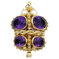 Pendentif en or jaune 18 carats avec motif de corde ornée d'améthyste et de perles