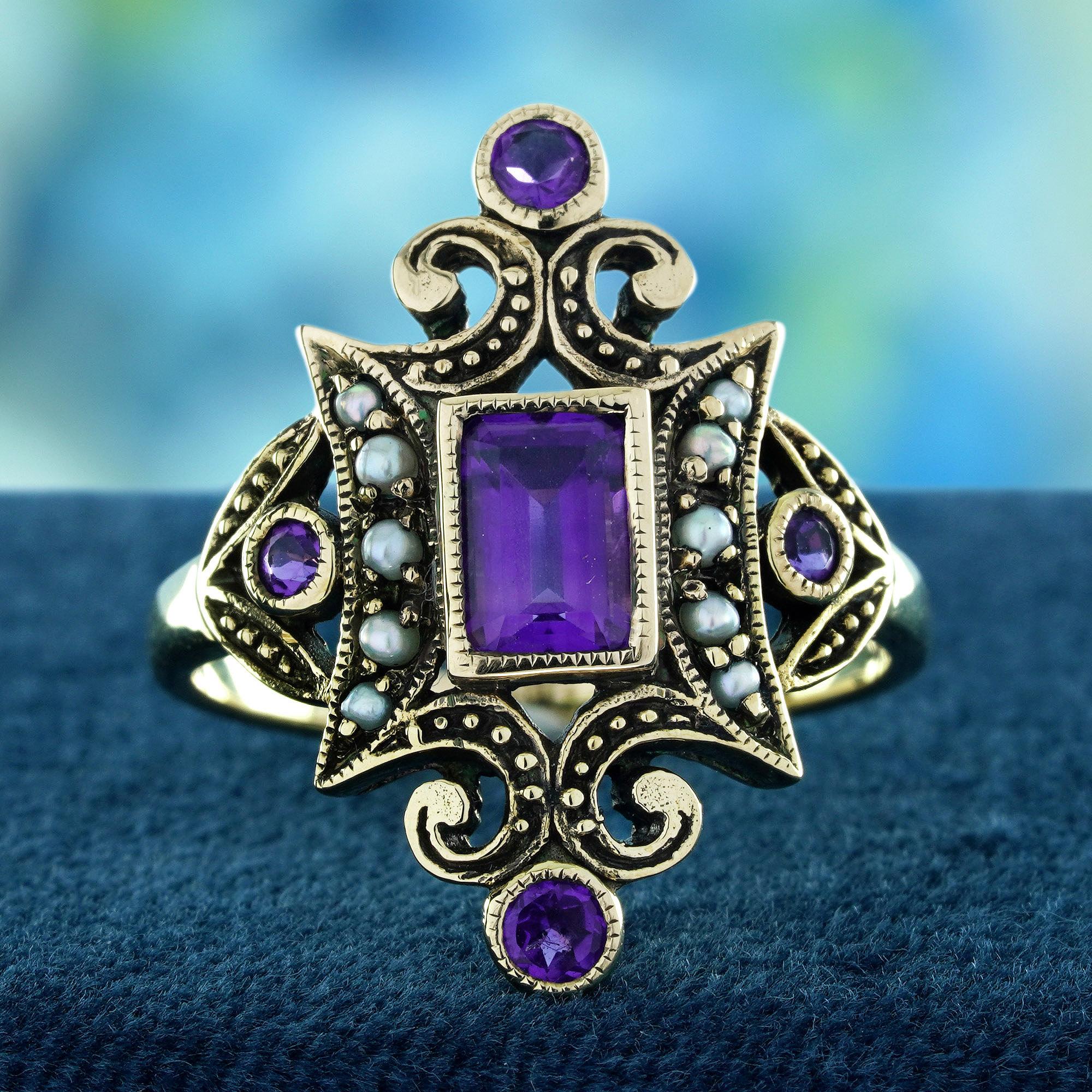 Fai una dichiarazione audace con questo anello da cocktail in stile vintage, un vero simbolo di eleganza e raffinatezza. Al centro brilla un'incantevole ametista naturale dal taglio smeraldo, la cui ricca tonalità viola irradia bellezza e fascino