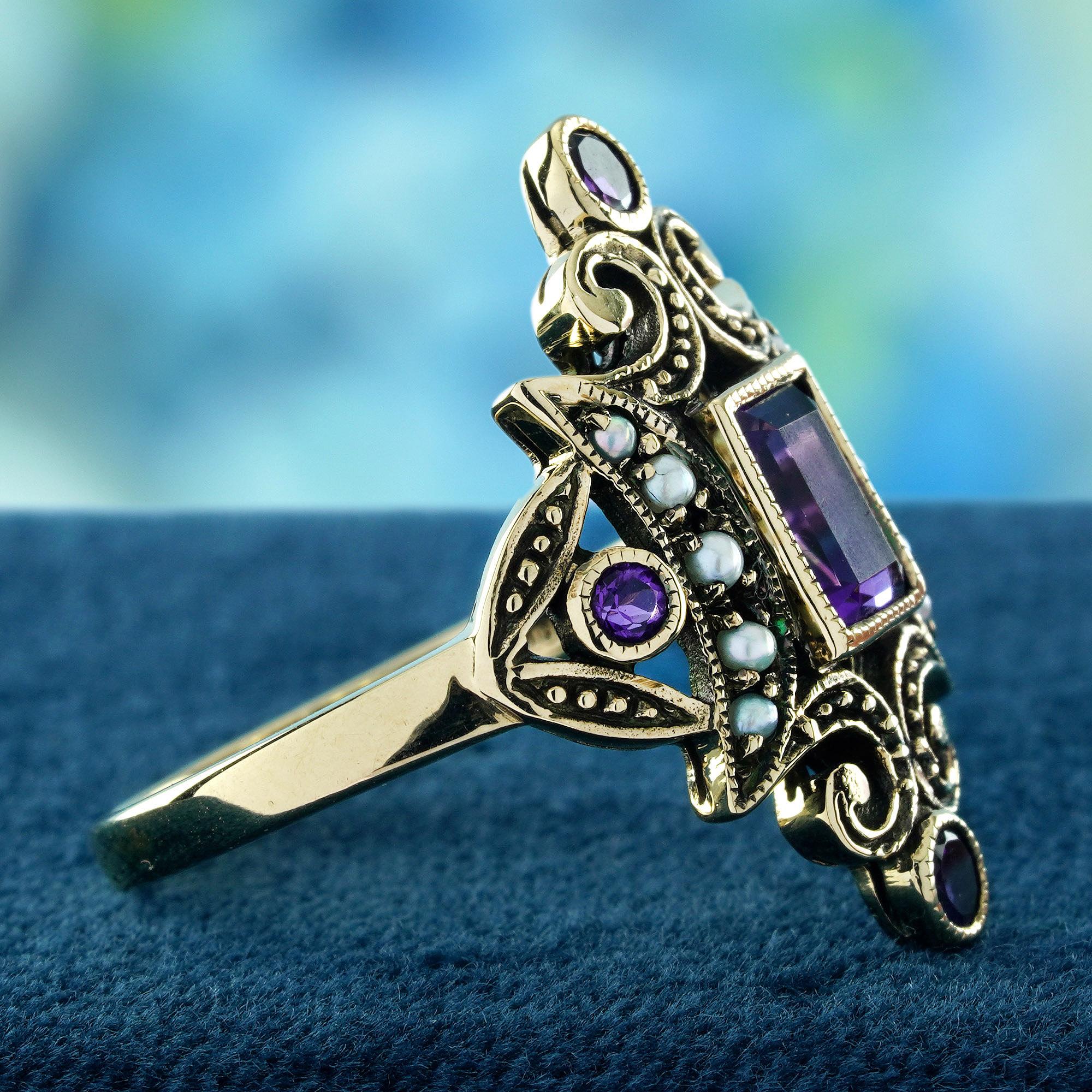 Taglio smeraldo Ametista e perla in stile vintage  Anello Cocktail in oro giallo massiccio 9K in vendita