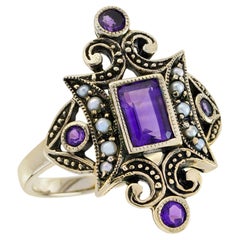 Amethyst und Perle Vintage-Stil im Vintage-Stil  Cocktailring aus massivem 9K Gelbgold