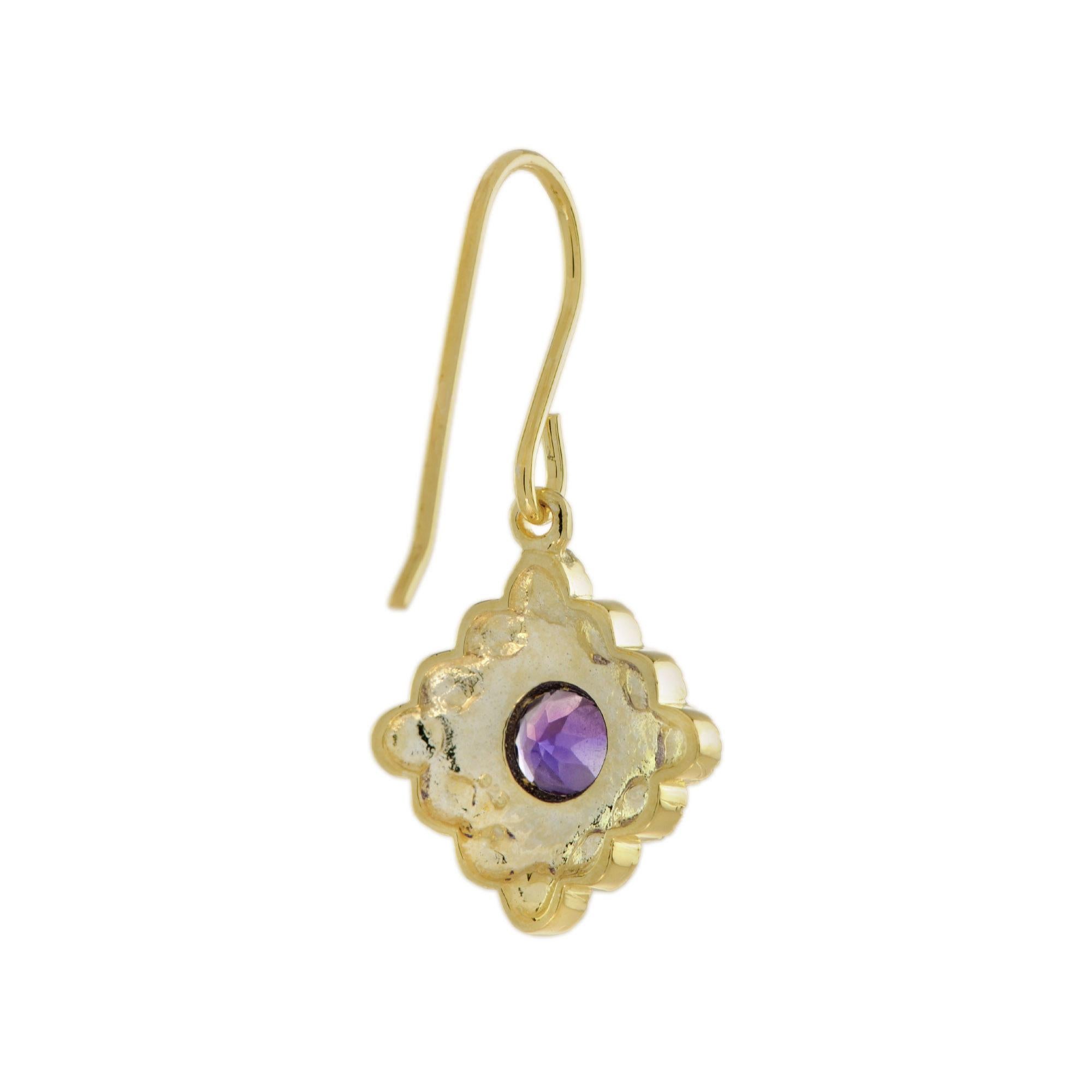 Victorian Amethyst and Pearl Vintage Style Drop Earrings in 14K Yellow Gold For Sale