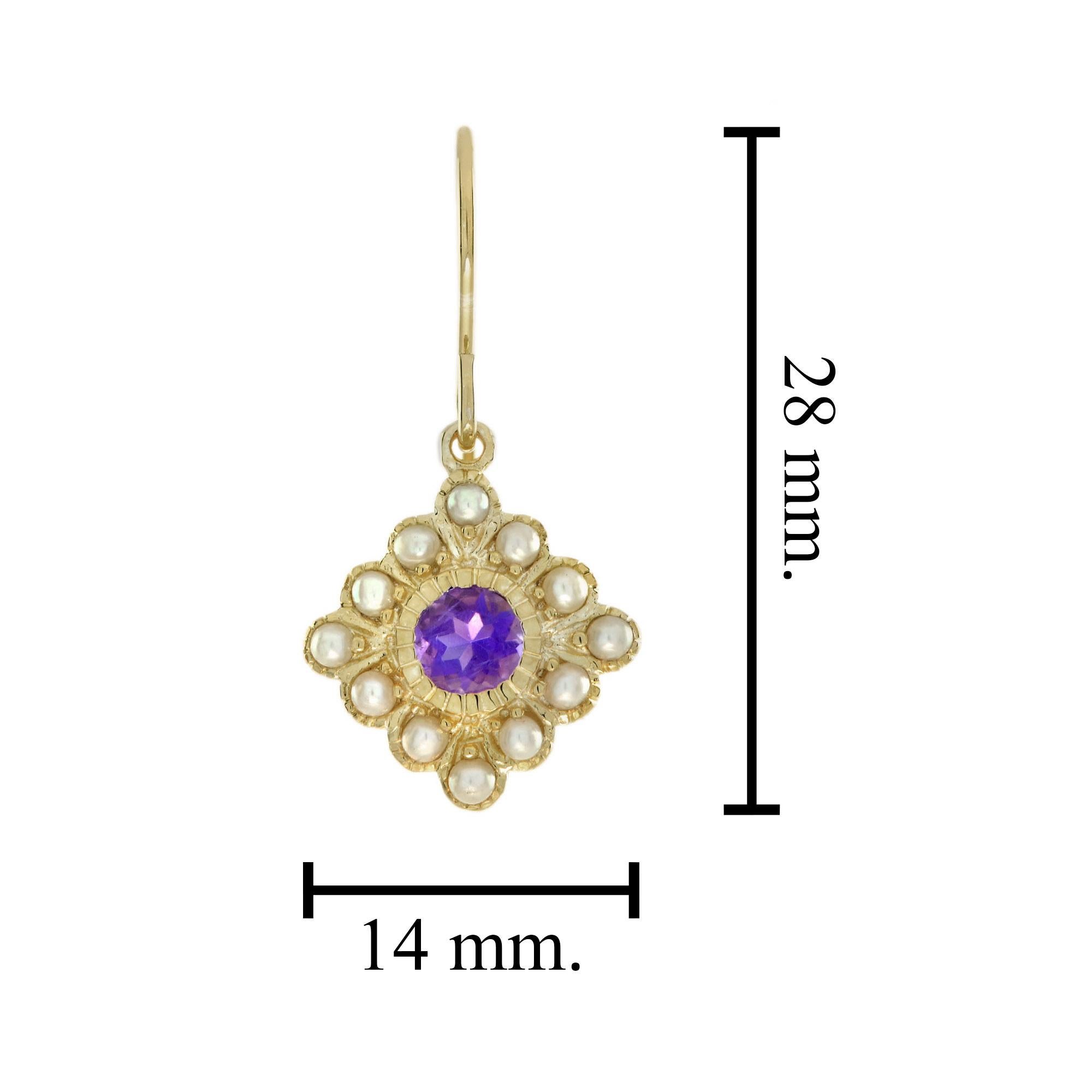 Round Cut Amethyst and Pearl Vintage Style Drop Earrings in 14K Yellow Gold For Sale