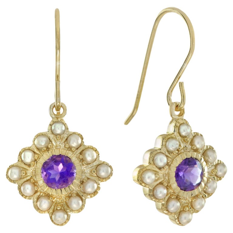 Amethyst and Pearl Vintage Style Drop Earrings in 14K Yellow Gold For Sale at 1stDibs