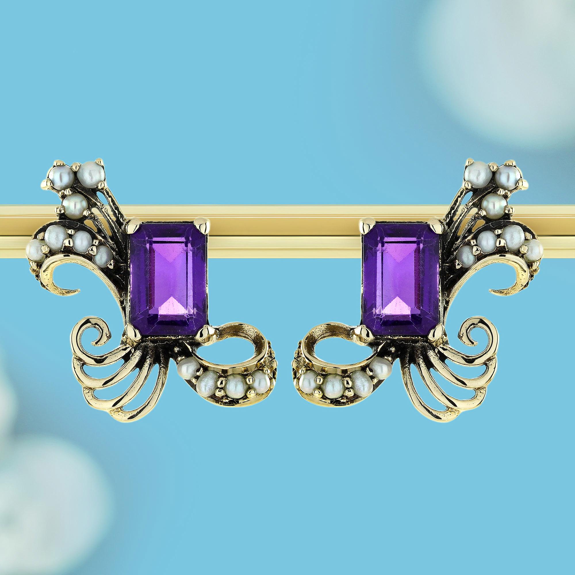 Charming vintage-style peacock stud earrings with a regal flair. Feature a square-cut natural amethyst at the center for a bold touch. Intricate design captures the elegance of a peacock in fine detail. Delicately accented with natural pearls along