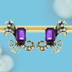 Amethyst and Pearl Vintage Style  Peacock Stud Earrings in 9K Yellow Gold