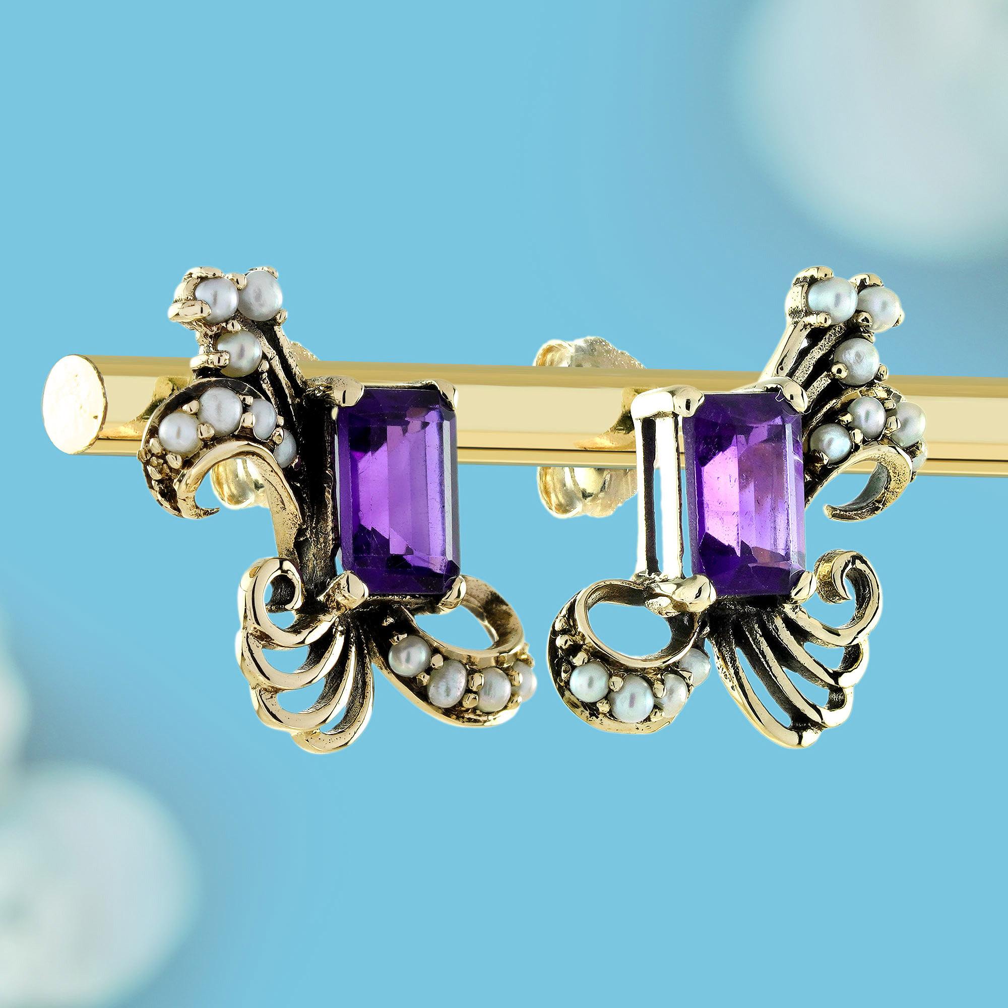 Edwardian Amethyst and Pearl Vintage Style  Peacock Stud Earrings in 9K Yellow Gold For Sale