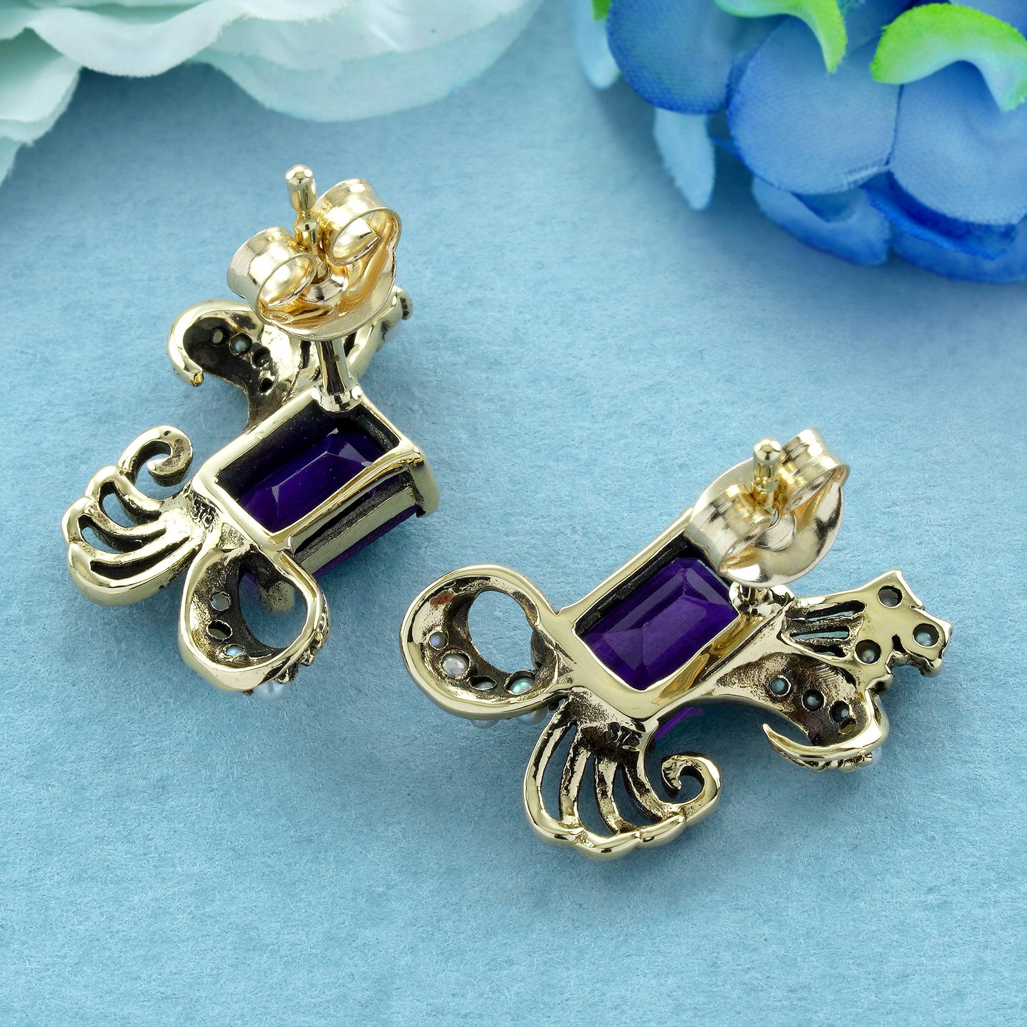 Emerald Cut Amethyst and Pearl Vintage Style  Peacock Stud Earrings in 9K Yellow Gold For Sale