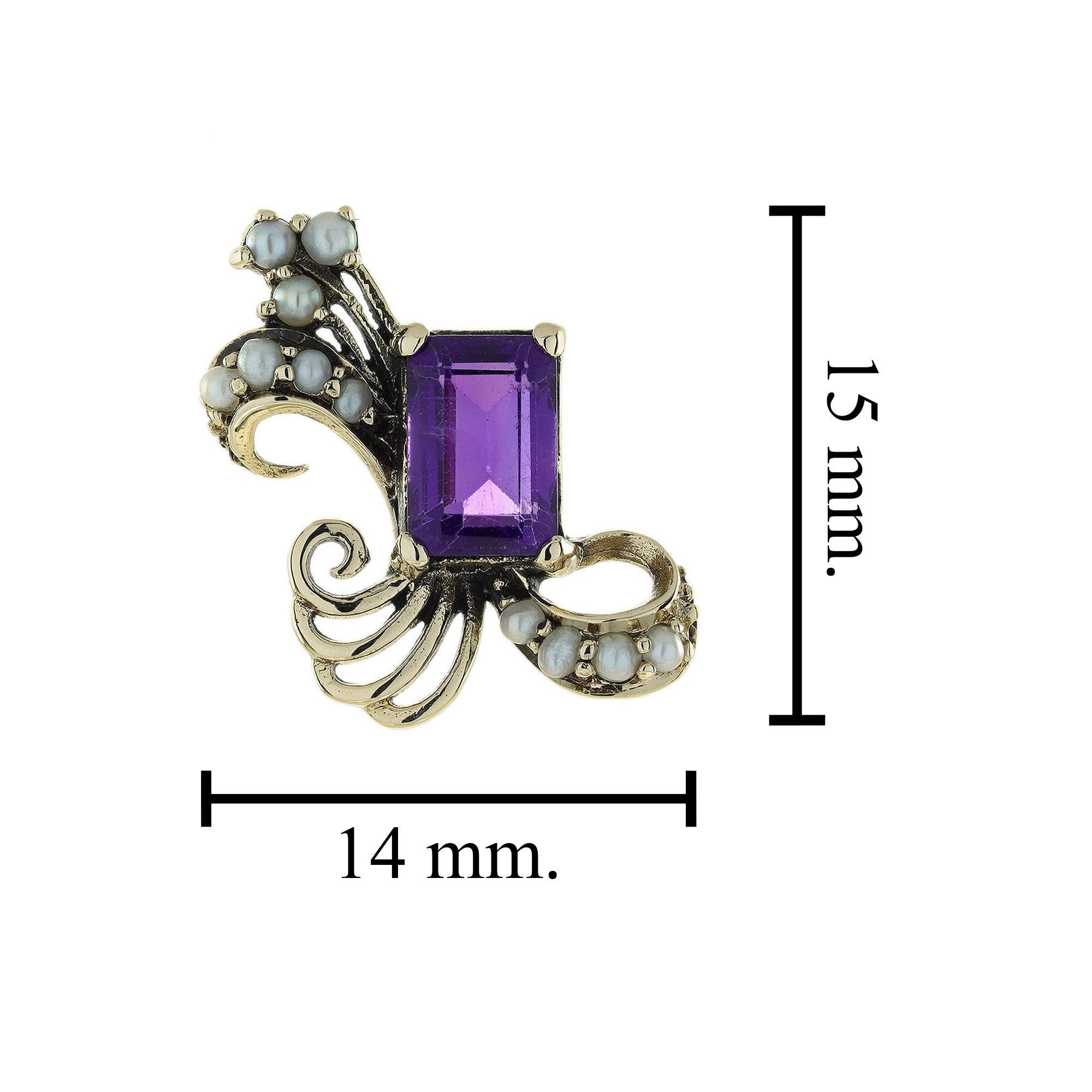 Amethyst and Pearl Vintage Style  Peacock Stud Earrings in 9K Yellow Gold In New Condition For Sale In Bangkok, TH