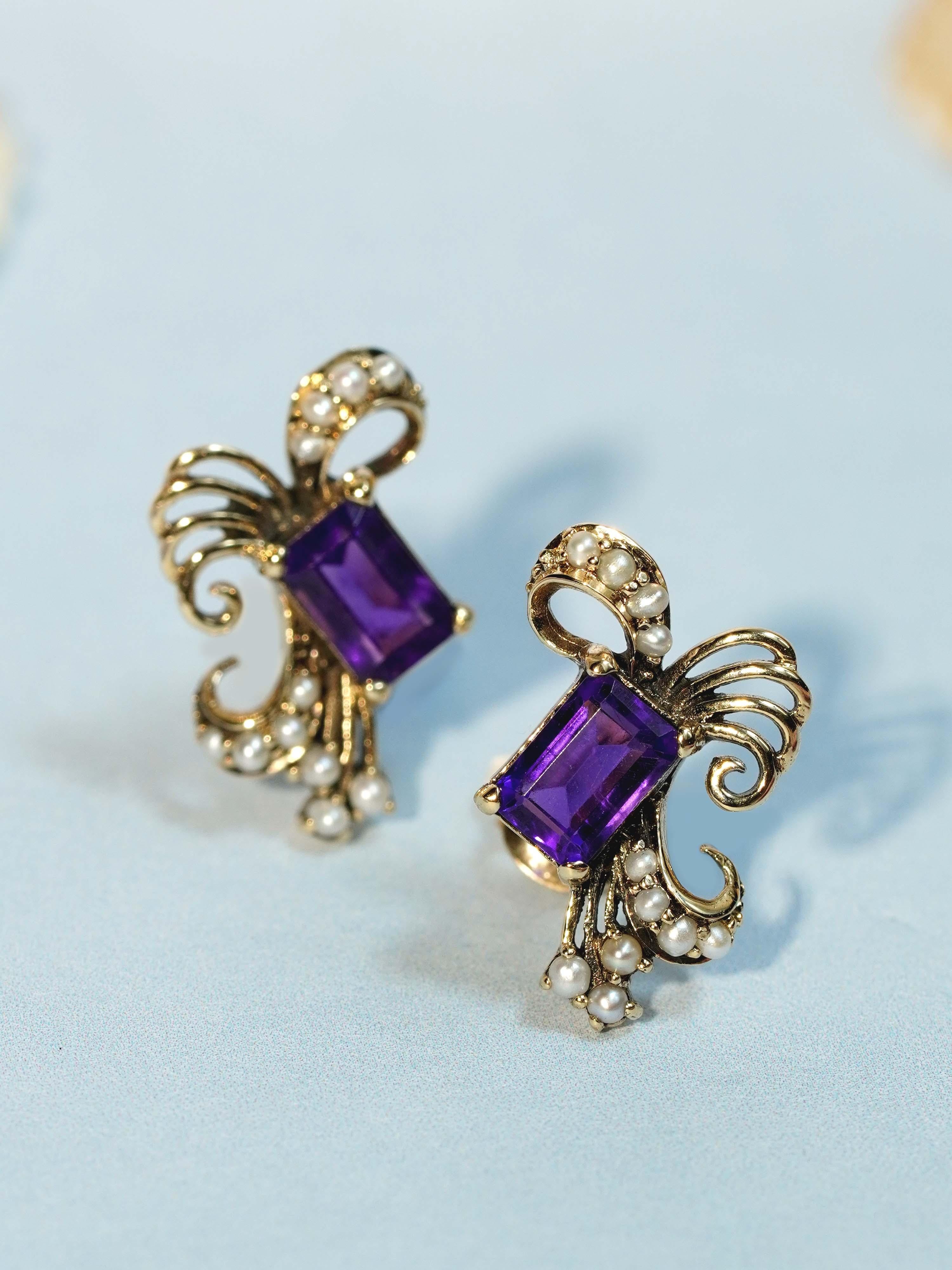 Women's Amethyst and Pearl Vintage Style  Peacock Stud Earrings in 9K Yellow Gold For Sale