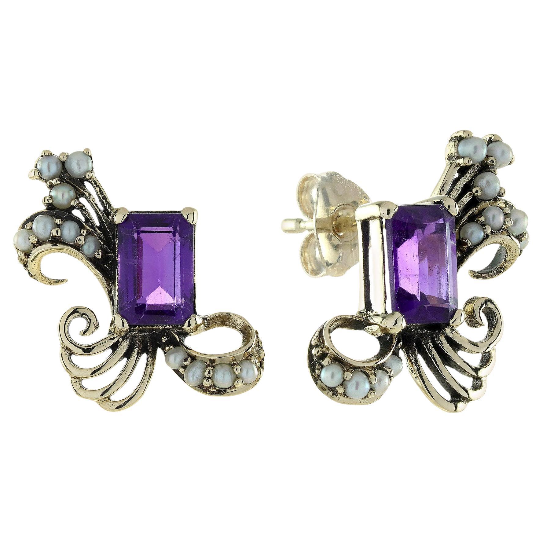 Amethyst and Pearl Vintage Style  Peacock Stud Earrings in 9K Yellow Gold For Sale