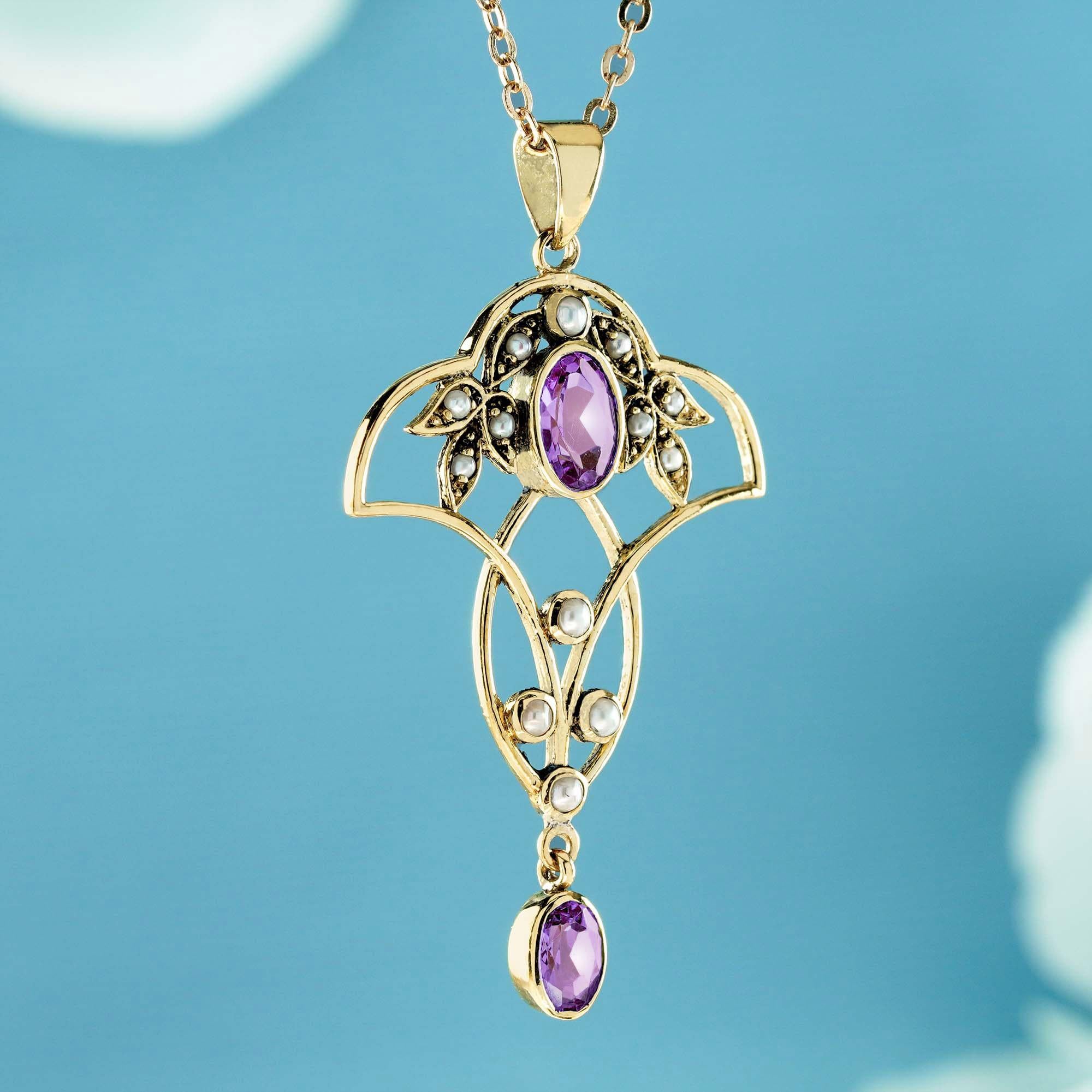 Édouardien Pendentif en or massif 9K avec améthyste et perle, style vintage victorien en filigrane