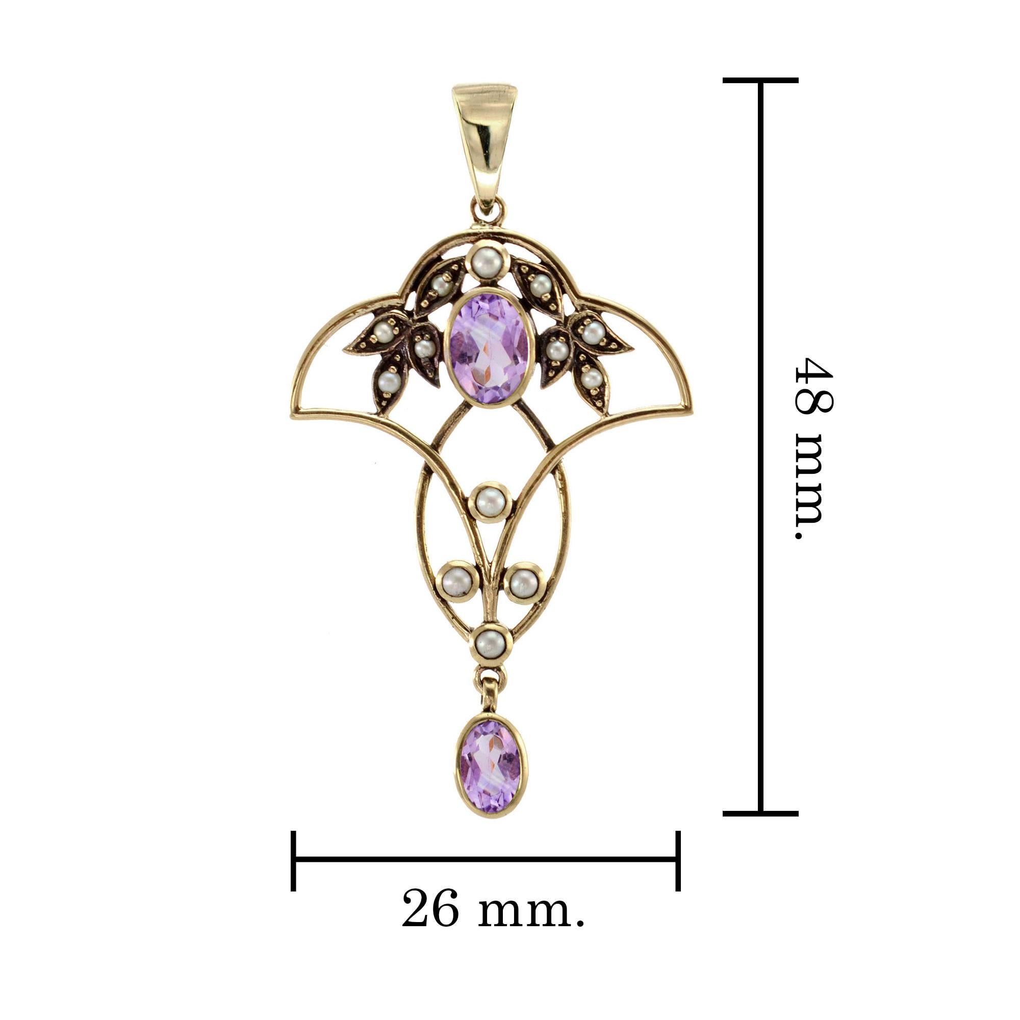 Pendentif en or massif 9K avec améthyste et perle, style vintage victorien en filigrane Neuf à Bangkok, TH
