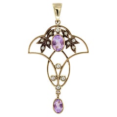 Pendentif en or massif 9K avec améthyste et perle, style vintage victorien en filigrane