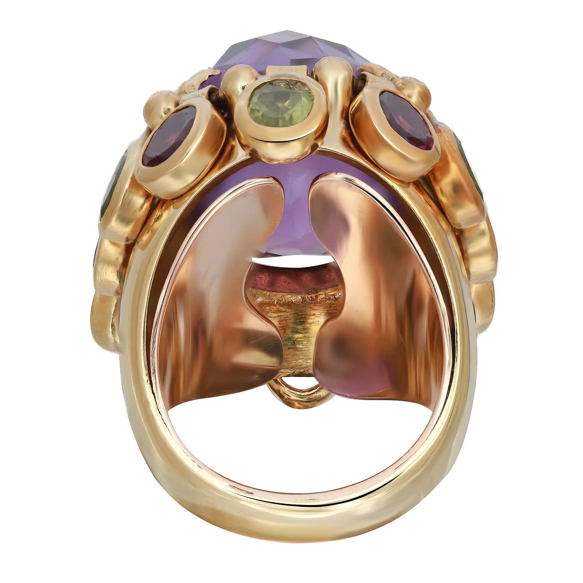 Modern Amethyst And Peridot Chunky Cocktail Ring 18K Yellow Gold Size 5.25 For Sale