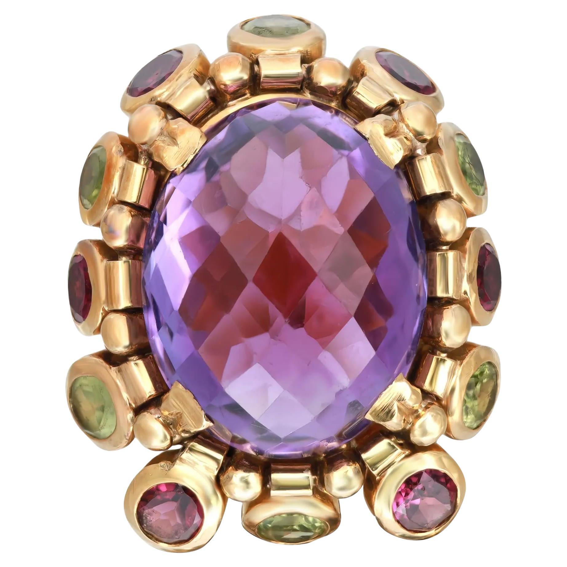 Amethyst And Peridot Chunky Cocktail Ring 18K Yellow Gold Size 5.25
