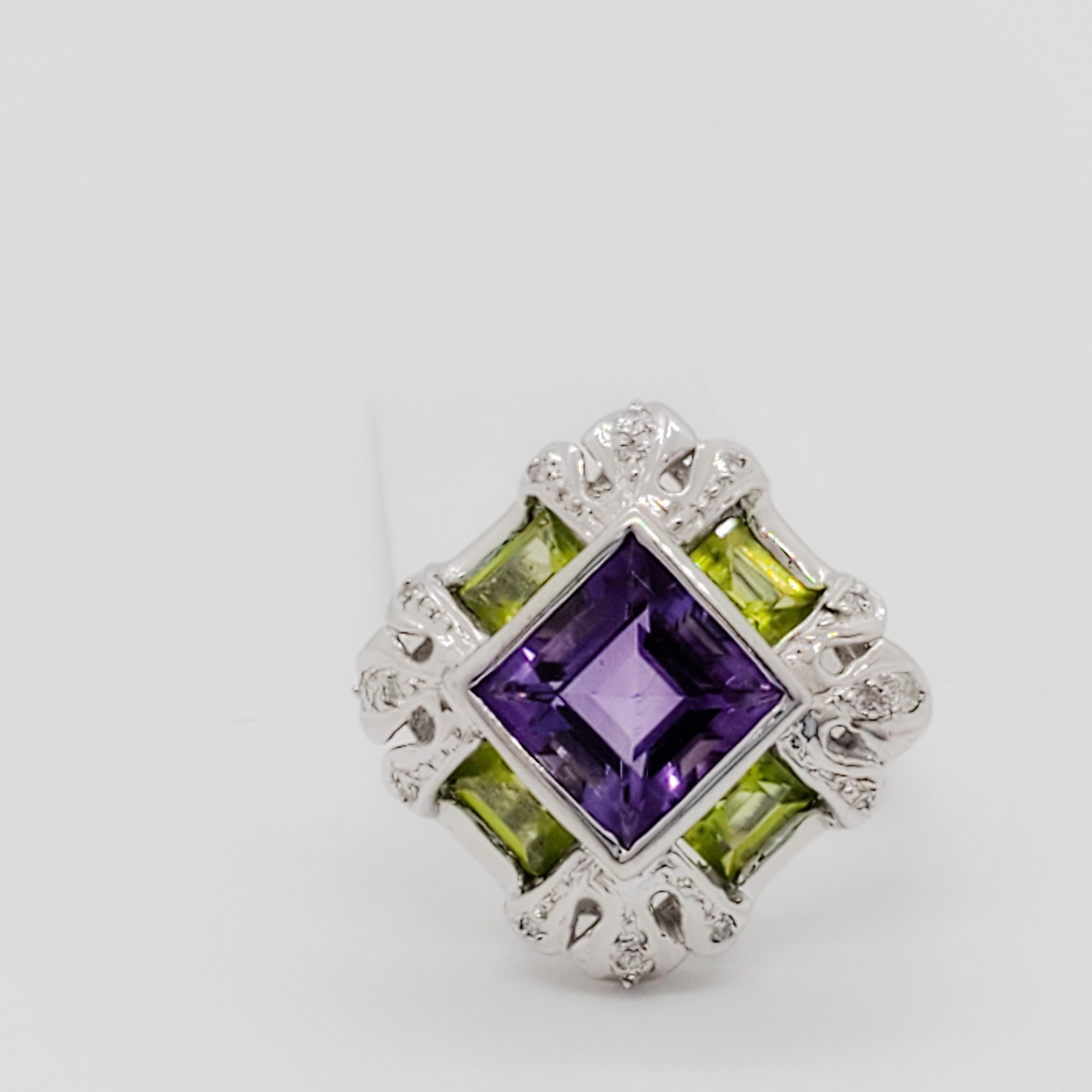 Square Cut Amethyst and Peridot Cocktail Ring in 18k White Gold