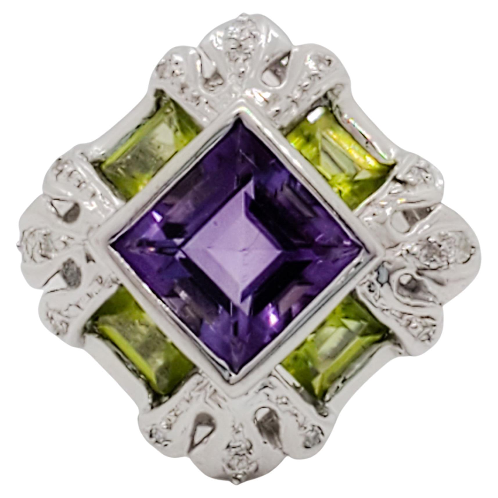 Amethyst and Peridot Cocktail Ring in 18k White Gold