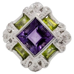 Amethyst and Peridot Cocktail Ring in 18k White Gold