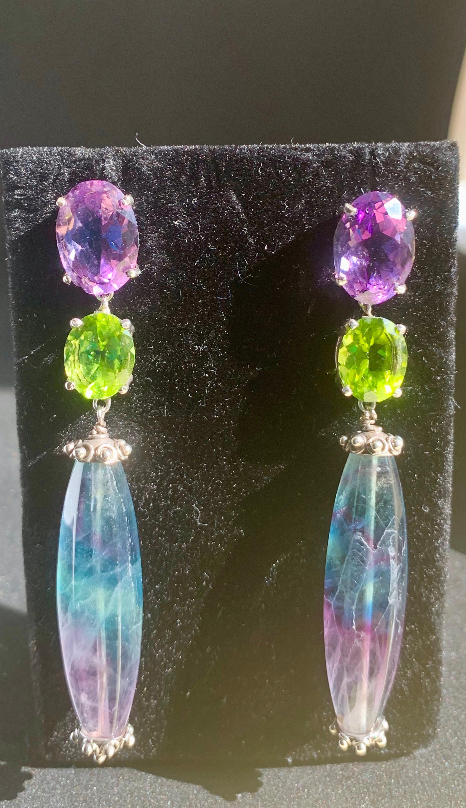 Contemporary Amethyst and Peridot Earrings with Fluorite Drops For Sale