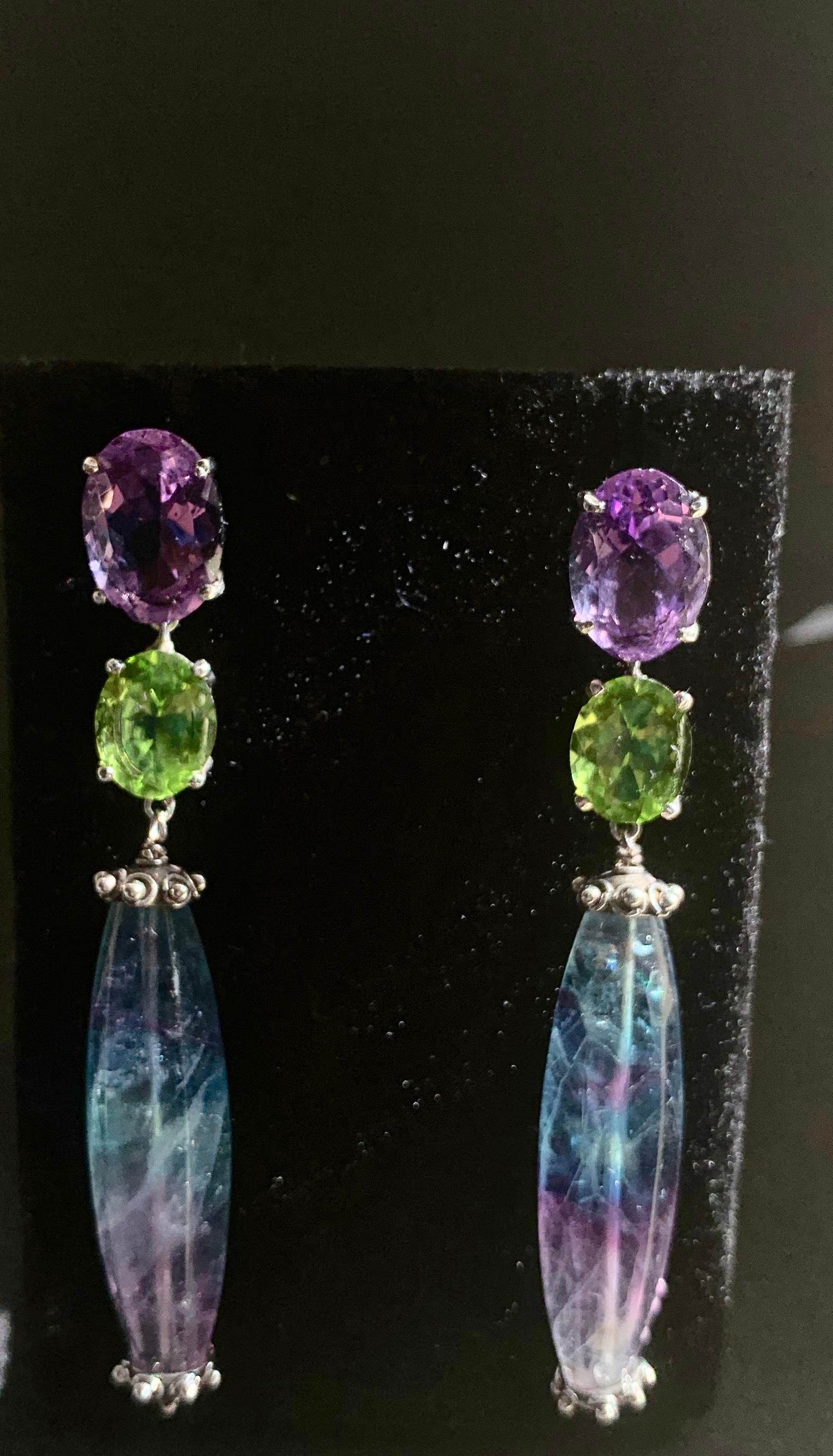Oval Cut Amethyst and Peridot Earrings with Fluorite Drops For Sale