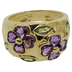 Amethyst and Peridot Floral Design 14k Yellow Gold Ring