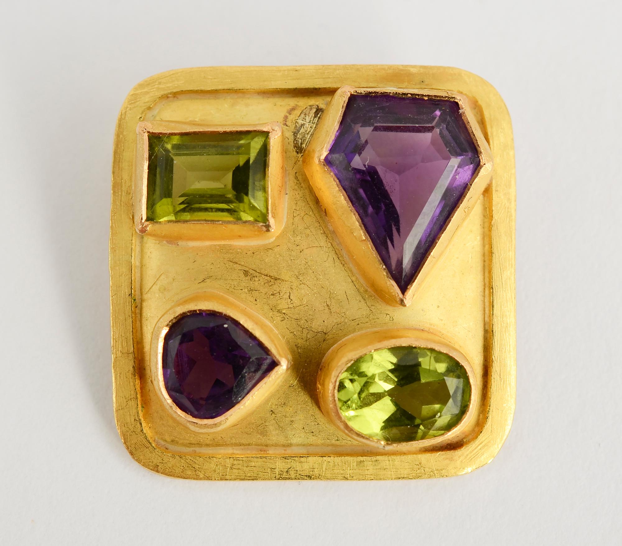 Artisan Amethyst and Peridot Gold Earrings and Pendant For Sale