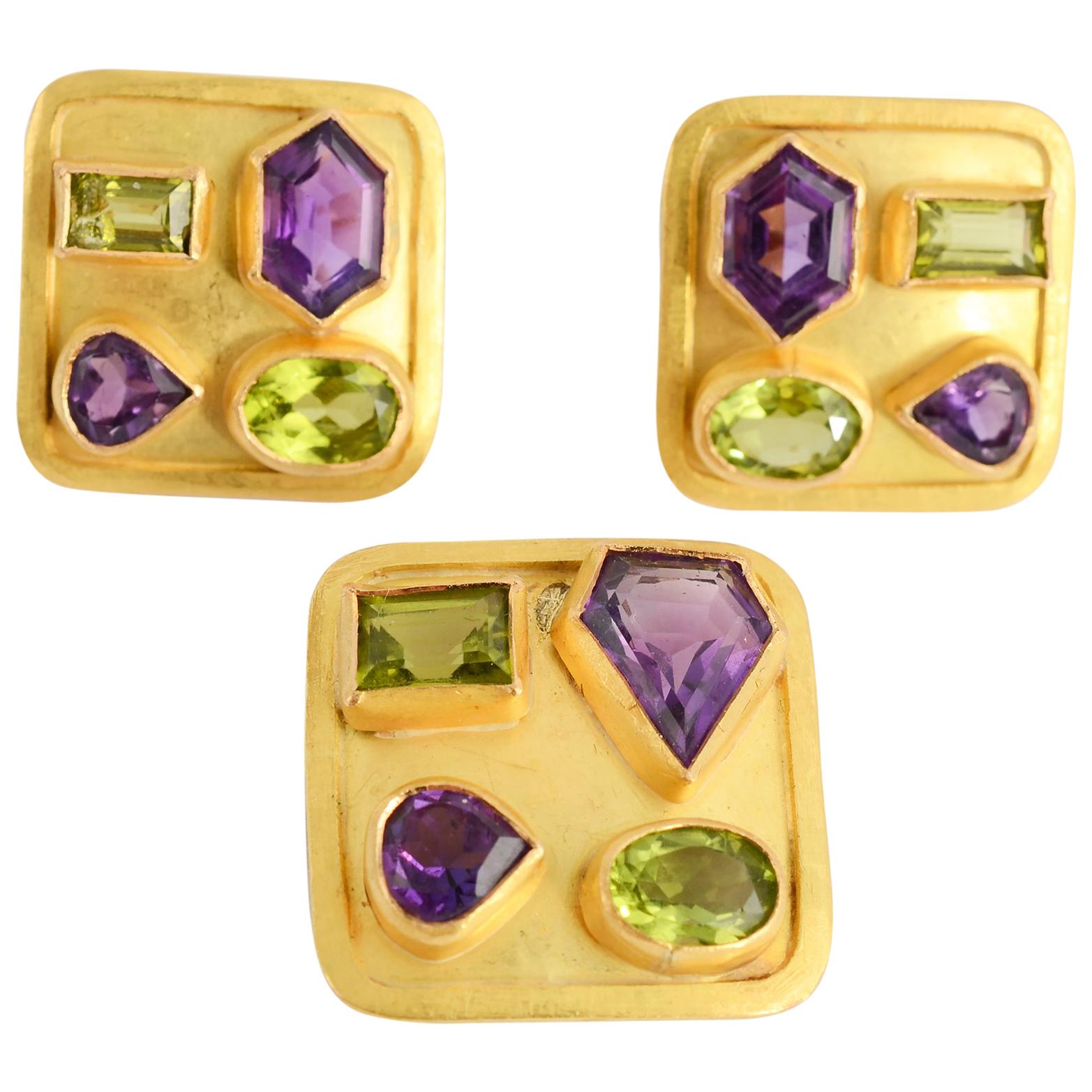 Amethyst and Peridot Gold Earrings and Pendant For Sale