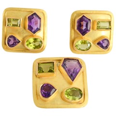 Vintage Amethyst and Peridot Gold Earrings and Pendant