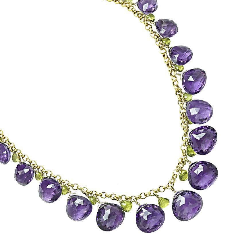 Goldhalskette mit Amethyst und Peridot (Tropfenschliff) im Angebot