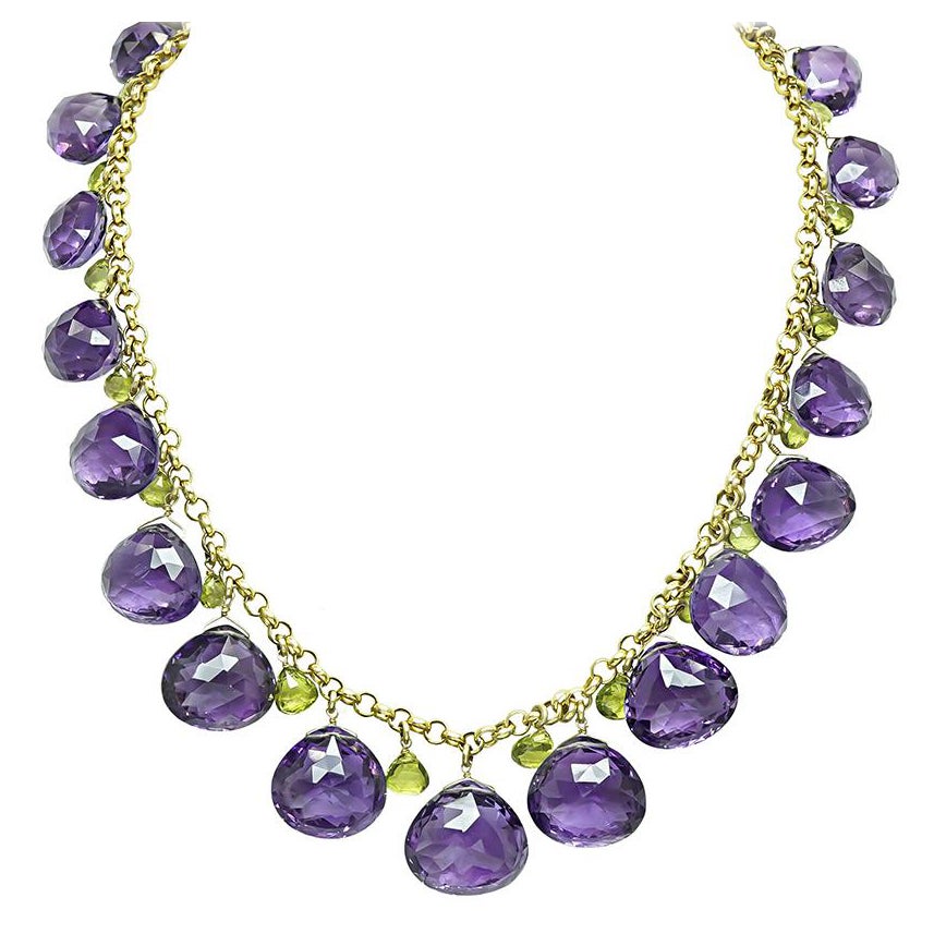 Goldhalskette mit Amethyst und Peridot im Angebot