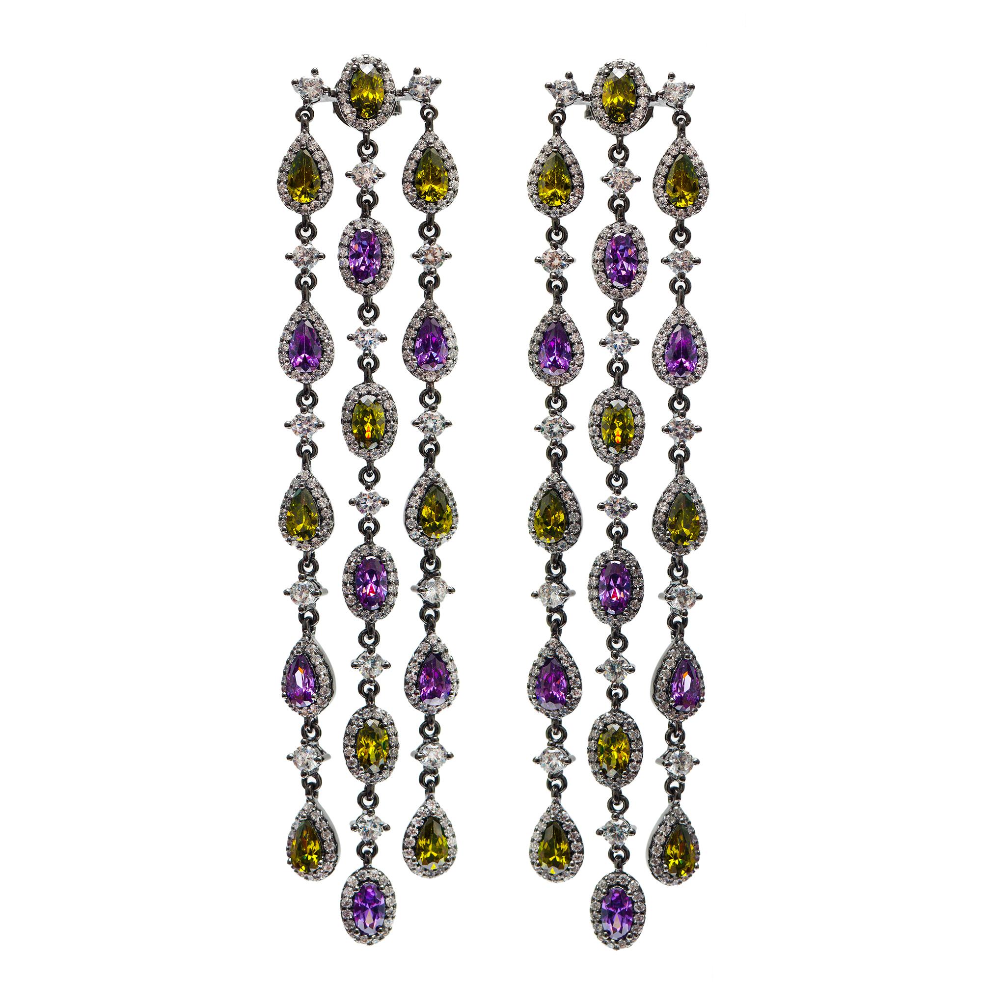 Amethyst and Peridot Long Raindrops Earrings