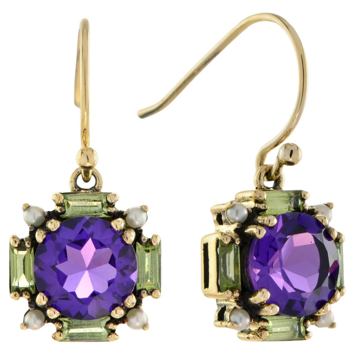Amethyst and Peridot Vintage Style Dangle Earrings in 9k Yellow Gold For Sale