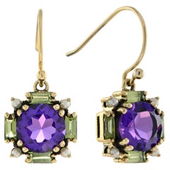Amethyst and Peridot Vintage Style Dangle Earrings in 9k Yellow Gold