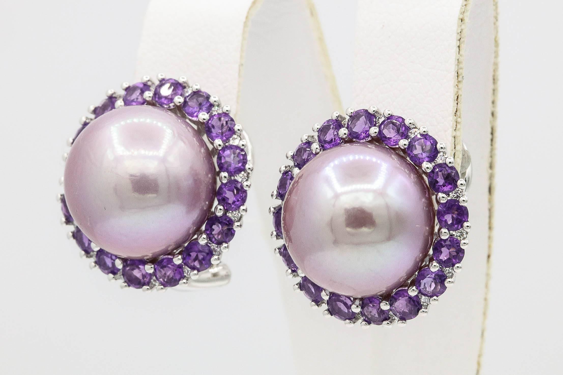Contemporary Amethyst and Pink Freshwater Pearl Diamond Studs Earrings
