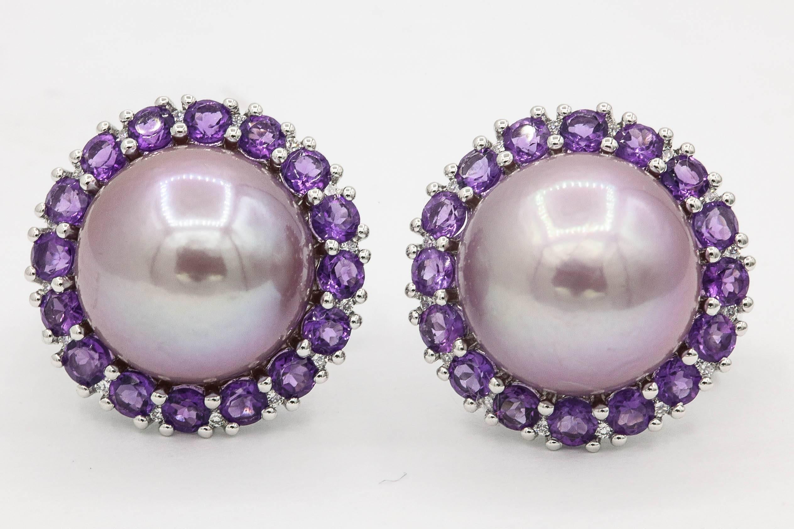 Round Cut Amethyst and Pink Freshwater Pearl Diamond Studs Earrings