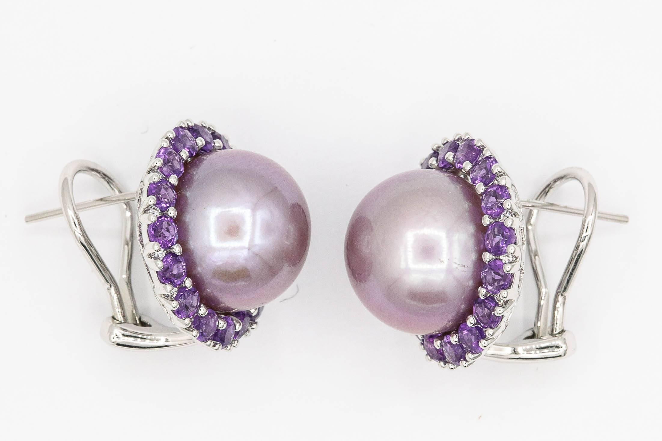 Amethyst and Pink Freshwater Pearl Diamond Studs Earrings In New Condition In New York, NY