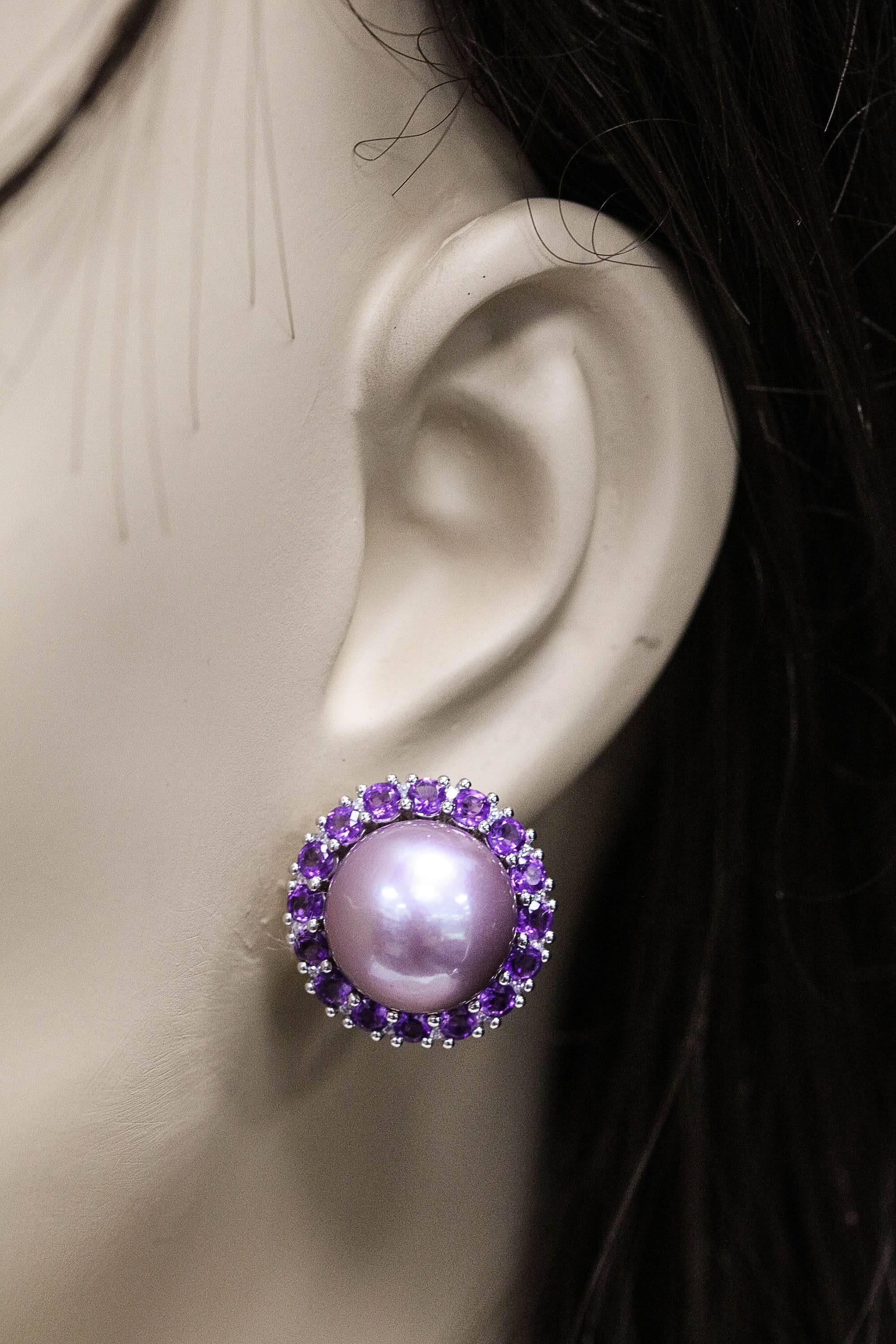 Amethyst and Pink Freshwater Pearl Diamond Studs Earrings 1