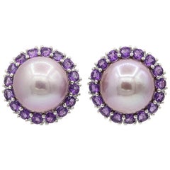 Amethyst and Pink Freshwater Pearl Diamond Studs Earrings