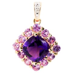 Amethyst and Pink Sapphire and Diamond Vintage Halo Pendant 9 Carat Yellow Gold