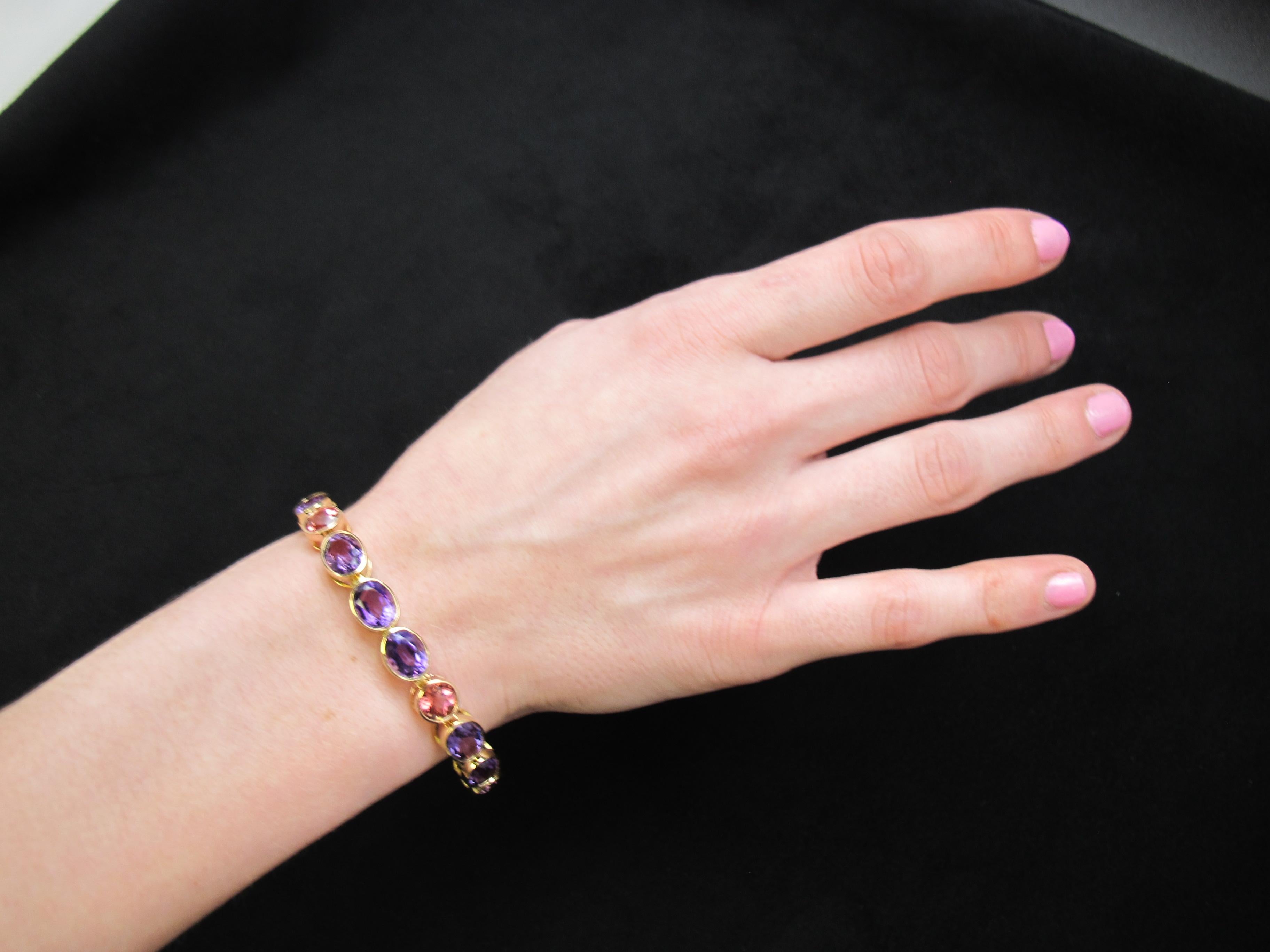 Amethyst and Pink Tourmaline, Yellow and Rose Gold Bezel Set Tennis Bracelet For Sale 5