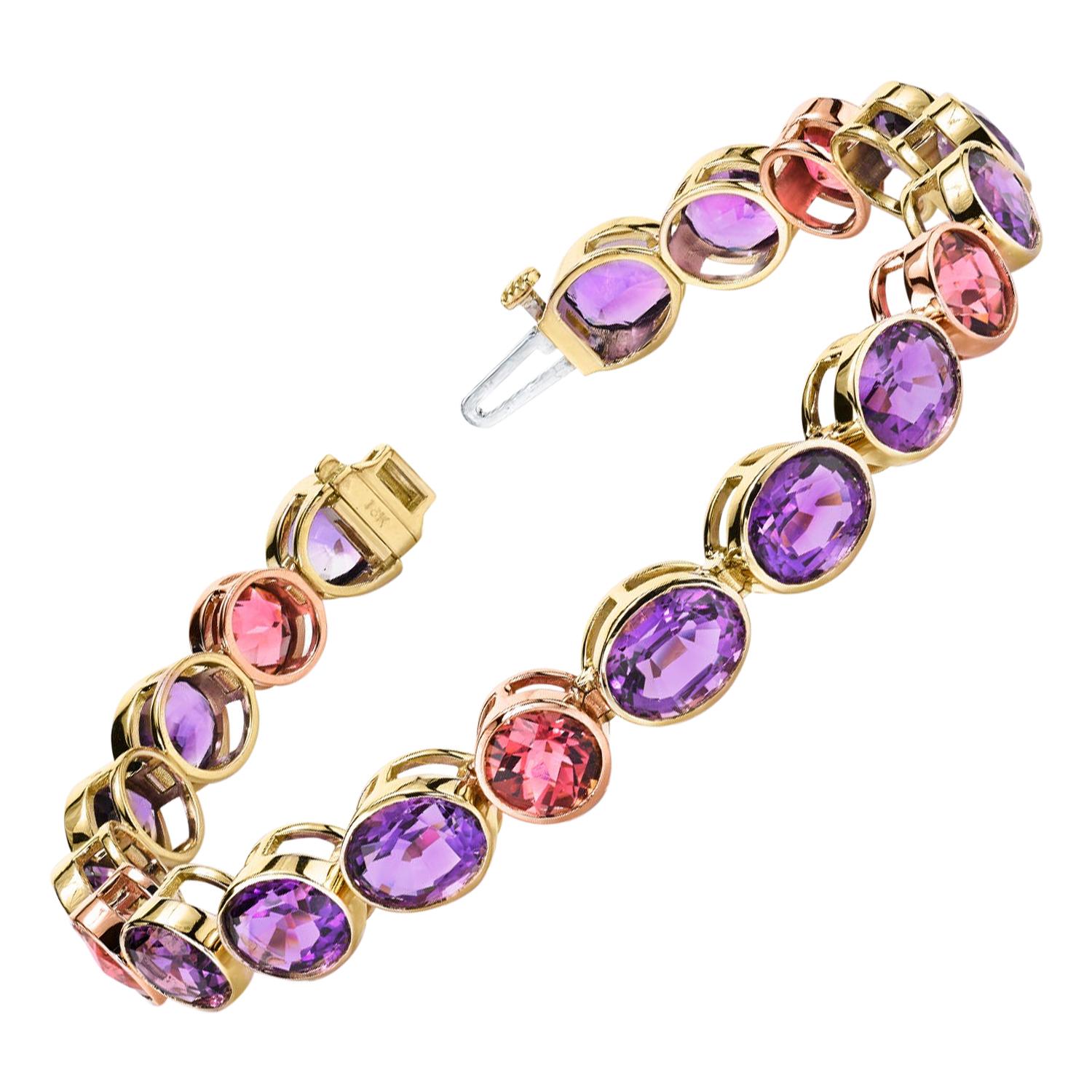 Amethyst and Pink Tourmaline, Yellow and Rose Gold Bezel Set Tennis Bracelet For Sale