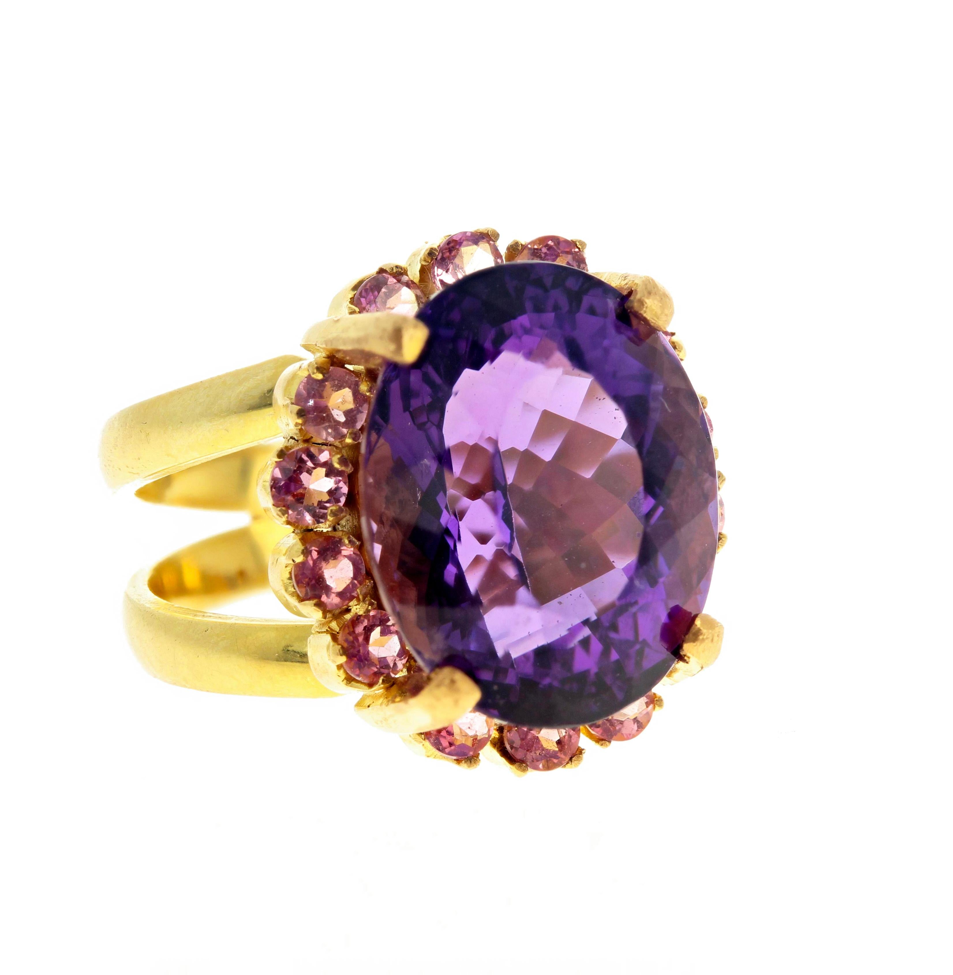 AJD Brilliant 10Cts Purple Amethyst & Pink Tourmaline Gold Ring In New Condition In Raleigh, NC