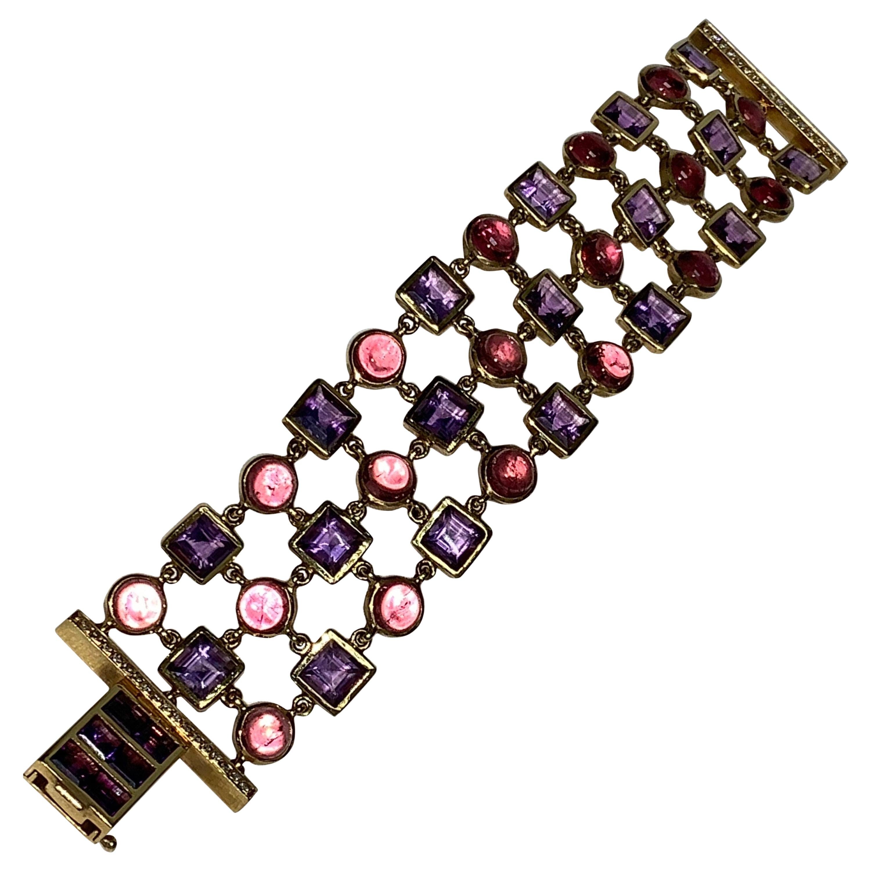 Amethyst & Pink Tourmaline, Pavé Diamond Bracelet For Sale