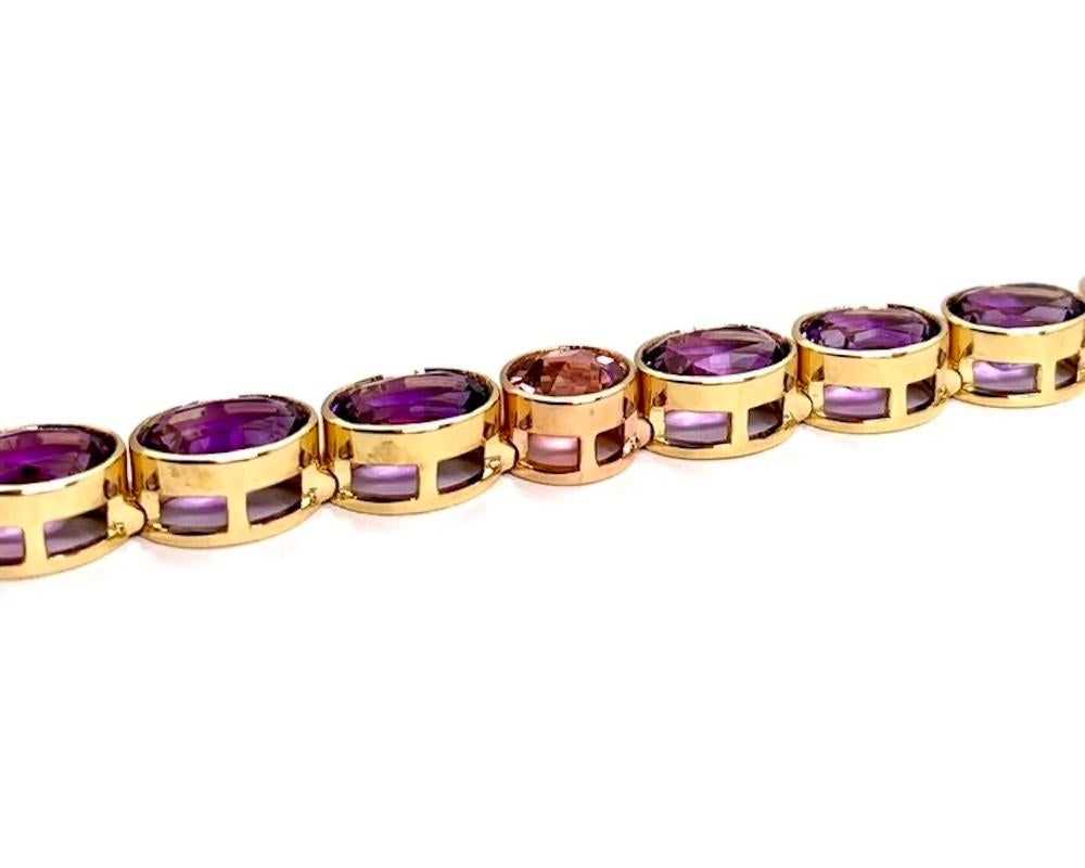 Amethyst and Pink Tourmaline, Yellow and Rose Gold Bezel Set Tennis Bracelet For Sale 2