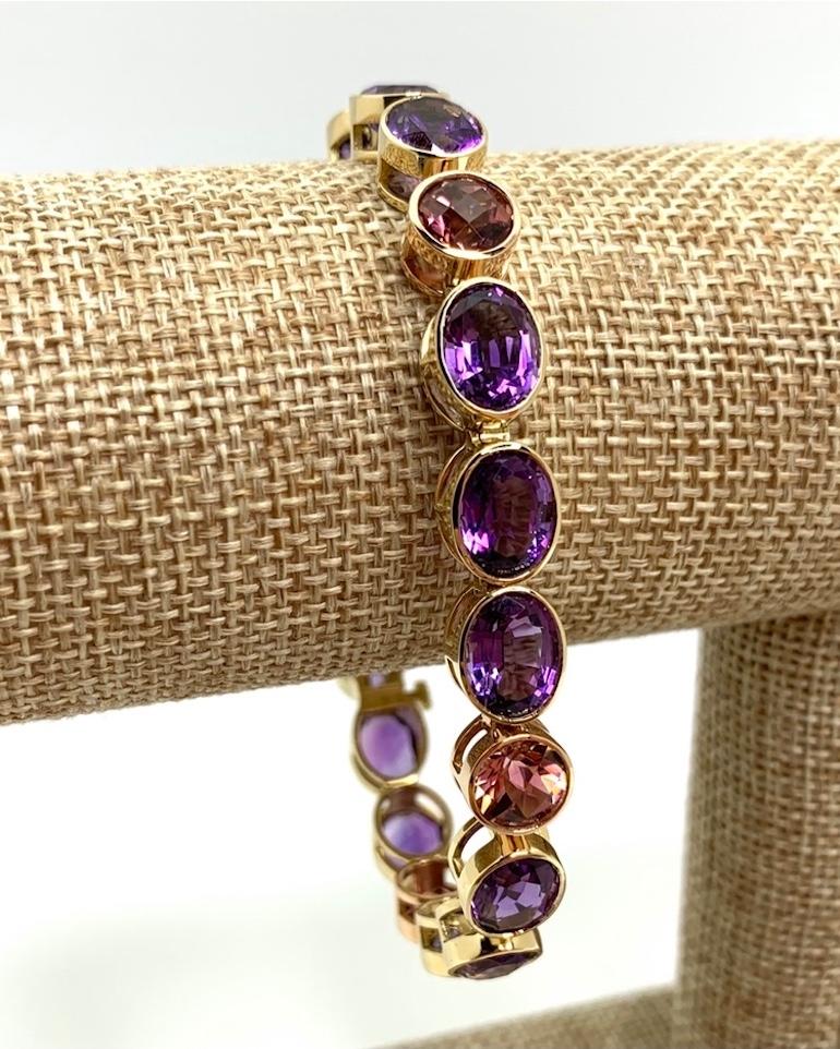 Amethyst and Pink Tourmaline, Yellow and Rose Gold Bezel Set Tennis Bracelet For Sale 4
