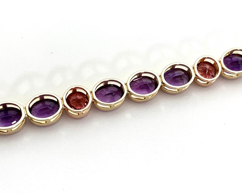 Amethyst and Pink Tourmaline, Yellow and Rose Gold Bezel Set Tennis Bracelet For Sale 3